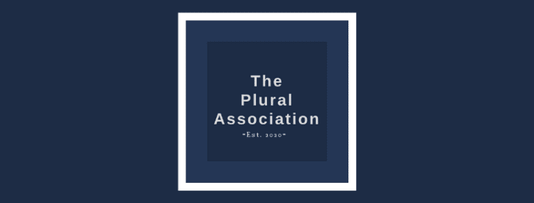 The Plural Association logo on a blue background representing empowerment for OSDD and Power to the Plurals.