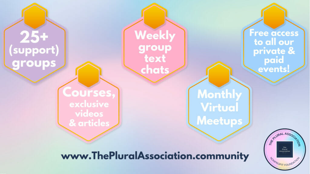 The plural Association Community provides 25+ support groups, access to our courses, exclusive videos & articles, weekly group text chats, monthly virtual meetups & free access to all our private & paid events. Visit https://www.thepluralassociation.community for more information.