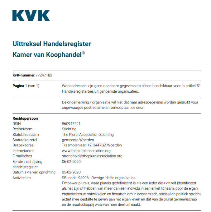 Image of our chamber of commerce registration as an SSBI Stichting (nonprofit.)